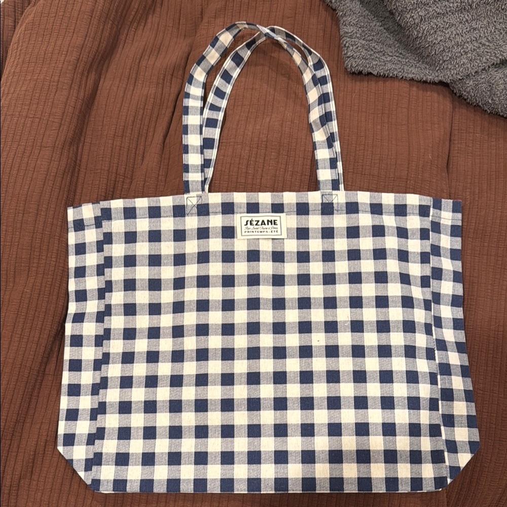 Sezane Blue Checkered Tote Bag